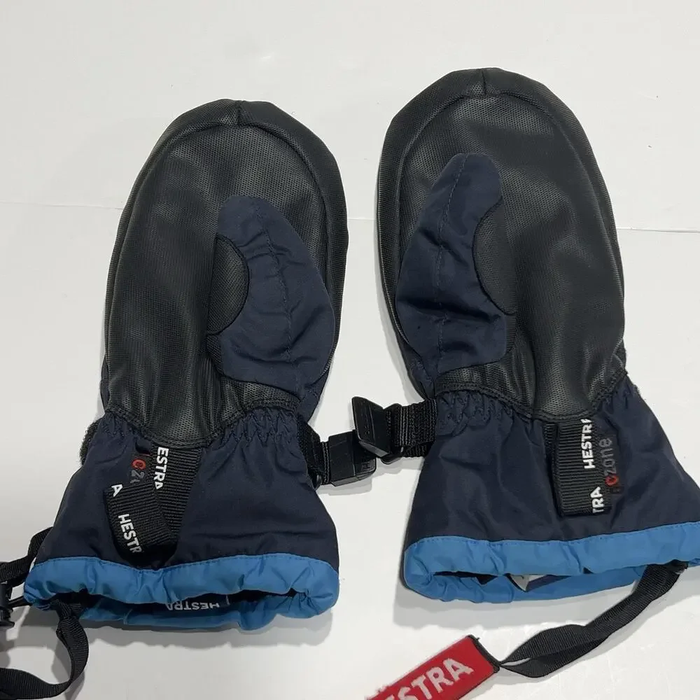 Hestra Kids Ski Mittens Size 5 Navy Blue Black Leather Palm Winter Snow Mitts